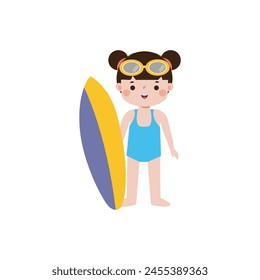 cute surfer kid character with surfboard on beach. Happy young surfer on the crest wave, flat vector illustration isolated on white background summer time 