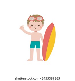 cute surfer kid character with surfboard on beach. Happy young surfer on the crest wave, flat vector illustration isolated on white background summer time 