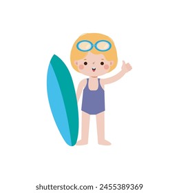 cute surfer kid character with surfboard on beach. Happy young surfer on the crest wave, flat vector illustration isolated on white background summer time 