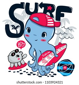 Cute surfer octopus wearing hat and holding surfboard standing on the beach isolated on white background illustration vector.