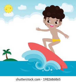 Cute Surfer People Character With Surfboard And Riding On Ocean Wave. Happy Young Surfer Guy On The Crest Wave, Flat Vector Illustration Isolated On Background