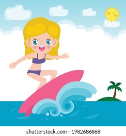 Cute Surfer People Character With Surfboard And Riding On Ocean Wave. Happy Young Surfer Guy On The Crest Wave, Flat Vector Illustration Isolated On Background