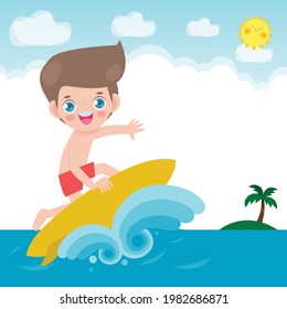 cute surfer people character with surfboard and riding on ocean wave. Happy young surfer guy on the crest wave, flat vector illustration isolated on background