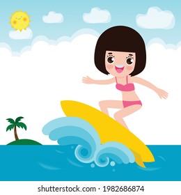 Cute Surfer People Character With Surfboard And Riding On Ocean Wave. Happy Young Surfer Guy On The Crest Wave, Flat Vector Illustration Isolated On Background