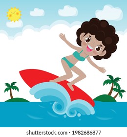 Cute Surfer People Character With Surfboard And Riding On Ocean Wave. Happy Young Surfer Guy On The Crest Wave, Flat Vector Illustration Isolated On Background