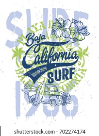 Cute surfer pick up Baja California, vector grunge print for children wear