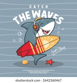 Tubarão Surfista Bonito Com Surfboard, Ilustração De Desenho Animado