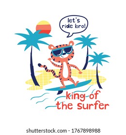 cute surfer tiger illustration for tee print