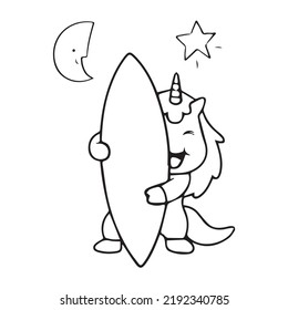 Cute Surfer Unicorn Coloring Page