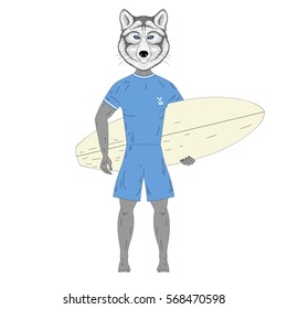 Cute surfer wolf with surfboard. Hand drawn anthropomorphic animal illustration for posters, t-shirt print, greeting card, invitation for summer surf party, tattoo design