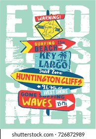 Cute surfing beach wood signs, vector print for children wear 