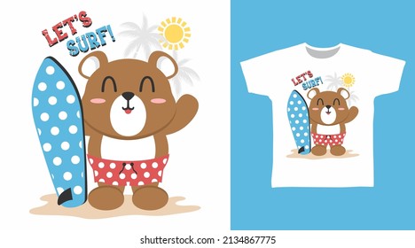 Cute surfing bear cartoon tshirt concept design