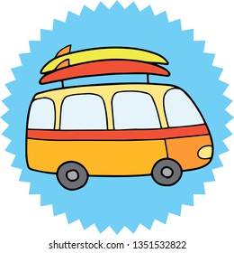 Cute surfing camping van drawing with surfboards on top of it. Lovely vector illustration with outlines.