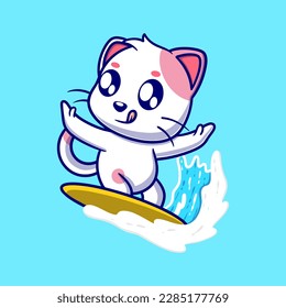 Cute surfing cat cartoon icon illustration. funny gift cartoon. Business icon concept. Flat cartoon style