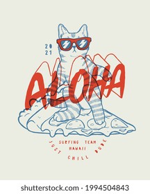 Cute surfing cat character in shades on a pizza slice. Aloha cat cute summer sports vector illustration t-shirt print for kids. Great for silk screen.