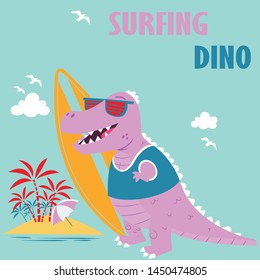 Cute surfing dinosaur in the beach cartoon vector illustration