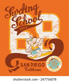 Cute surfing dog school, artwork for kid t-shirt in custom colors