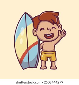 Cute surfing kid cartoon icon illustration