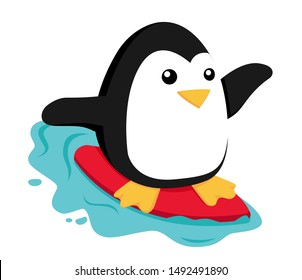 Cute surfing penguin cartoon. isolated on white background.Vector Illustration.