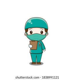 Cute surgeon with green scrubs. Vector illustration of chibi character isolated on white background.