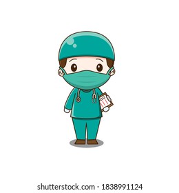 Cute surgeon with green scrubs. Vector illustration of chibi character isolated on white background.