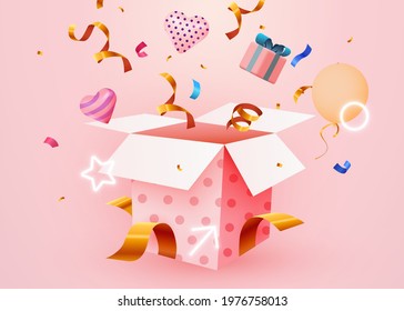 Cute Surprise Gift Box With Falling Confetti. Present box as prize concept. Vector illustration