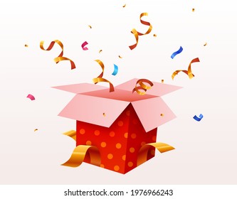 Cute Surprise Gift Box With Falling Confetti. Present box as prize concept. Vector illustration