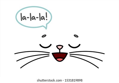 Cute, Surprised Animal Face. The Face Of A Cat With A Mustache, Smiles, Closing His Eyes, Sings La-la-la. Image For Children's Clothing, T-shirts, Fabrics, Textiles. Vector Image Isolated On A White Background