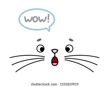 Cute, Surprised Animal Face. The Cat's Face With A Mustache Is Surprised To Open Its Mouth, Says Wow. Image For Children's Clothing, T-shirts, Fabrics, Textiles. Vector Image.