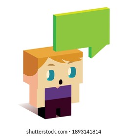 cute surprised boy with speech bubble, isometric design vector illustration