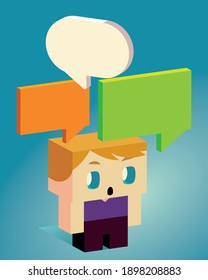 cute surprised boy with speech bubbles, isometric design vector illustration