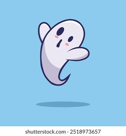 A cute, surprised cartoon ghost floating on a blue background. Soft white body with blushing cheeks. Ideal for Halloween or playful designs.