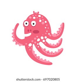 Cute surprised cartoon pink octopus character, funny ocean coral reef animal vector Illustration