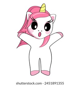 Cute surprised cartoon unicorn stands with his arms raised. Sticker. Vector image.