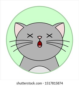 Cute Surprised Cat, Round Icon, Emoji. A Gray Cat With A Whiskers Died Of Surprise. Vector Image Isolated On A White Background.