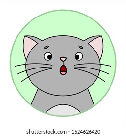 Cute Surprised Cat, Round Icon, Emoji. Gray Cat With Whiskers, Mouth Open With Surprise, Large Round Eyes. Vector Image Isolated On A White Background.