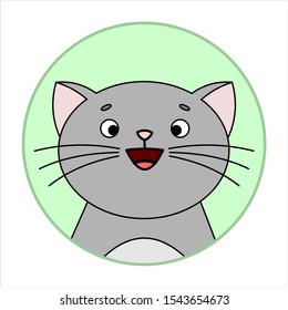 Cute Surprised Cat, Round Icon, Emoji. Gray Cat With A Whiskers, Smiles. Vector Image Isolated On A White Background.