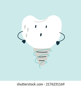 Carácter sorprendido lindo diente blanco con implante de tornillo metálico en fondo aislado azul. Personaje de dibujos animados de medicina plana vectorial para diseño infantil