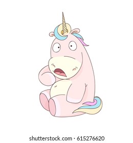 Cute surprised comic unicorn sitting. Vector illustration