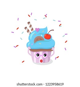 Cute surprised cupcake character with eyes and glasses holding a cream topping.