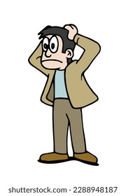 Un personaje masculino agudo, sorprendido y desesperado, mirando con las manos en la cabeza con un traje marrón. Ilustración vectorial de estilo caricatura aislada en fondo blanco.