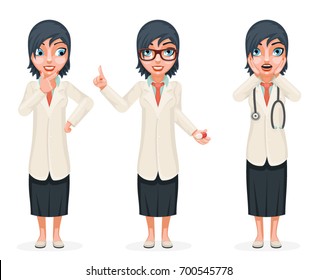 Cute Surprised Female Doctor Pill Medicine Hand Decision Making Forefinger up Advice Cartoon Set Character Isolated Design Vector Illustration