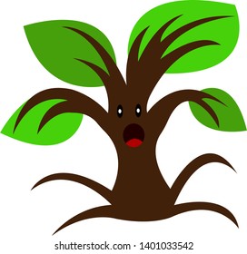 cute and surprised forest tree with brown trunk with green leaves and wide open mouth cartoon character for design concept of nature and environment