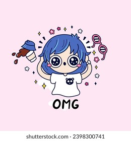 Cute surprised girl with blue hair spilling coffee. Flat vector illustration design