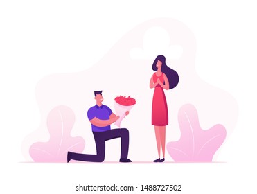 Cute Surprised Girl Happy to Get Bouquet of Beautiful Flowers from Boyfriend Standing on Knee. Couple Having Dating Man Give Present to Girlfriend. Love Human Relation Cartoon Flat Vector Illustration