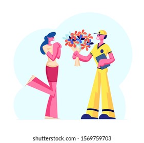 Cute Surprised Girl Happy to Get Bouquet of Beautiful Flowers from Deliveryman. Boyfriend Sending Present to Girlfriend. Love, Couple Loving Relation, Delivery Service. Flat Vector Illustration