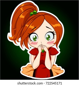 Cute surprised girl with red hair and green eyes. Vector illustration. Cartoon sticker in japanese comic style. Isolated on dark background.