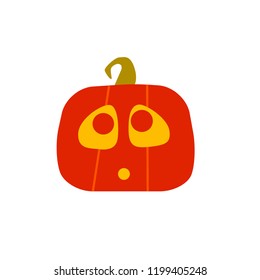 Cute surprised halloween pumpkin, Jack-o-lantern. Card design in flat style. Vector icon at white background.