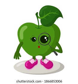 Cute surprised kawaii apple with magnifying glass and sneakers. Colored isolated vector illustration in flat design with shadows