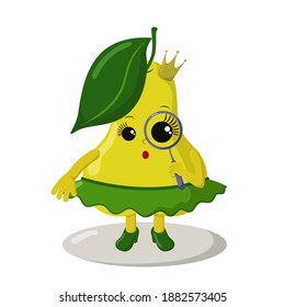 Cute surprised kawaii pear princess with magnifying glass, crown, skirt and high heels. Colored isolated vector illustration in flat design with shadows	